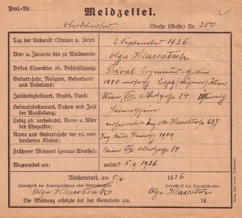 Meldezettel von Olga Hlawatsch